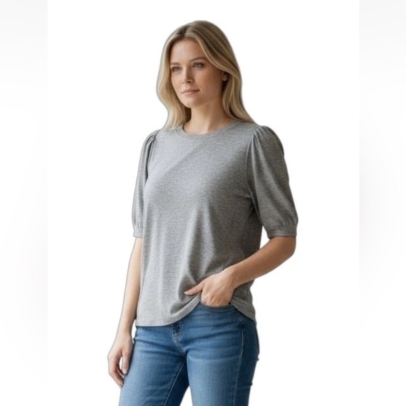 For The Republic Tops - FOR THE REPUBLIC S Gray Puff Sleeve Lightweight Short Sleeve Sweatshirt R $58